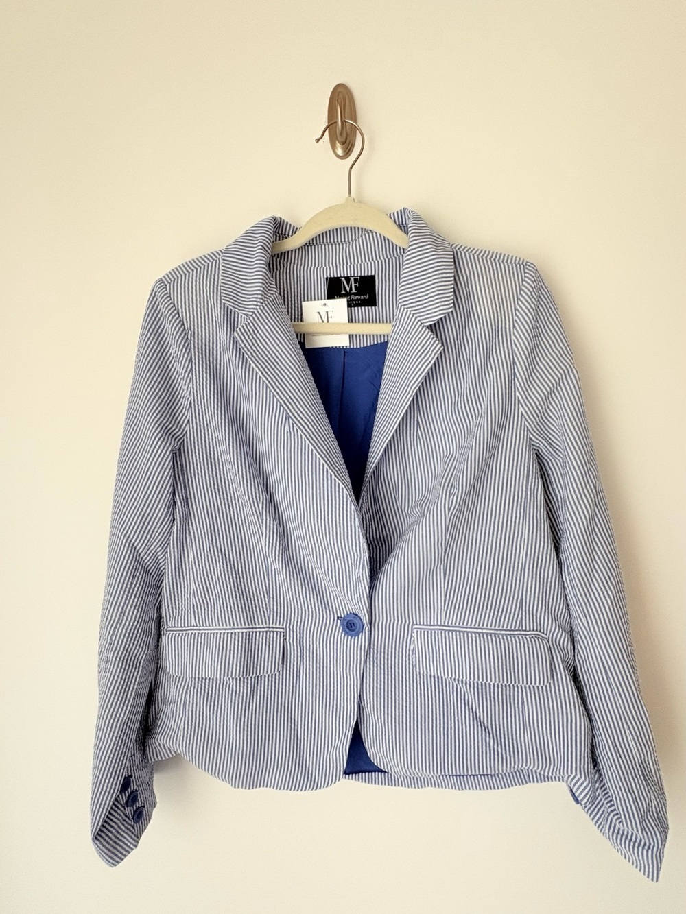 Striped Seersucker Blazer in Blue by Moving Forward